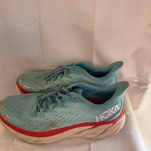 HOKA Clifton 8 Blue & Orange Aquarelle Tennis Running Athletic Shoes FLAWED SZ 9